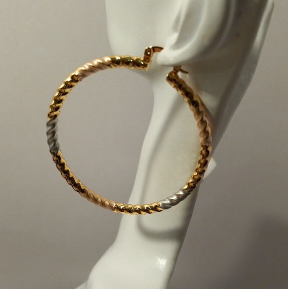 Large Real Gold Plated 3 Tone 60mm Round Hoop Earrings NWOT - Picture 4 of 5